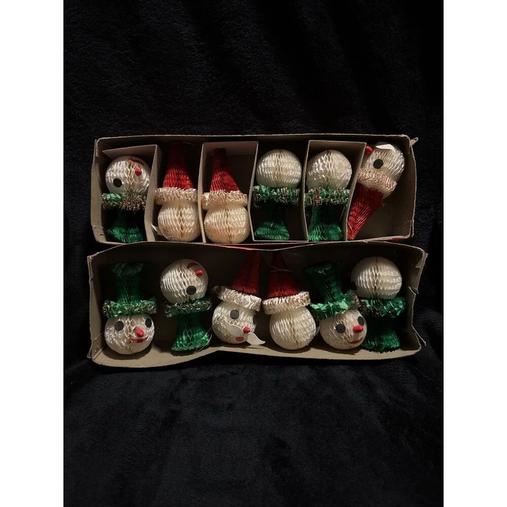 Vintage 1950s Honeycomb Snowmsn & Santa Ornaments 4
